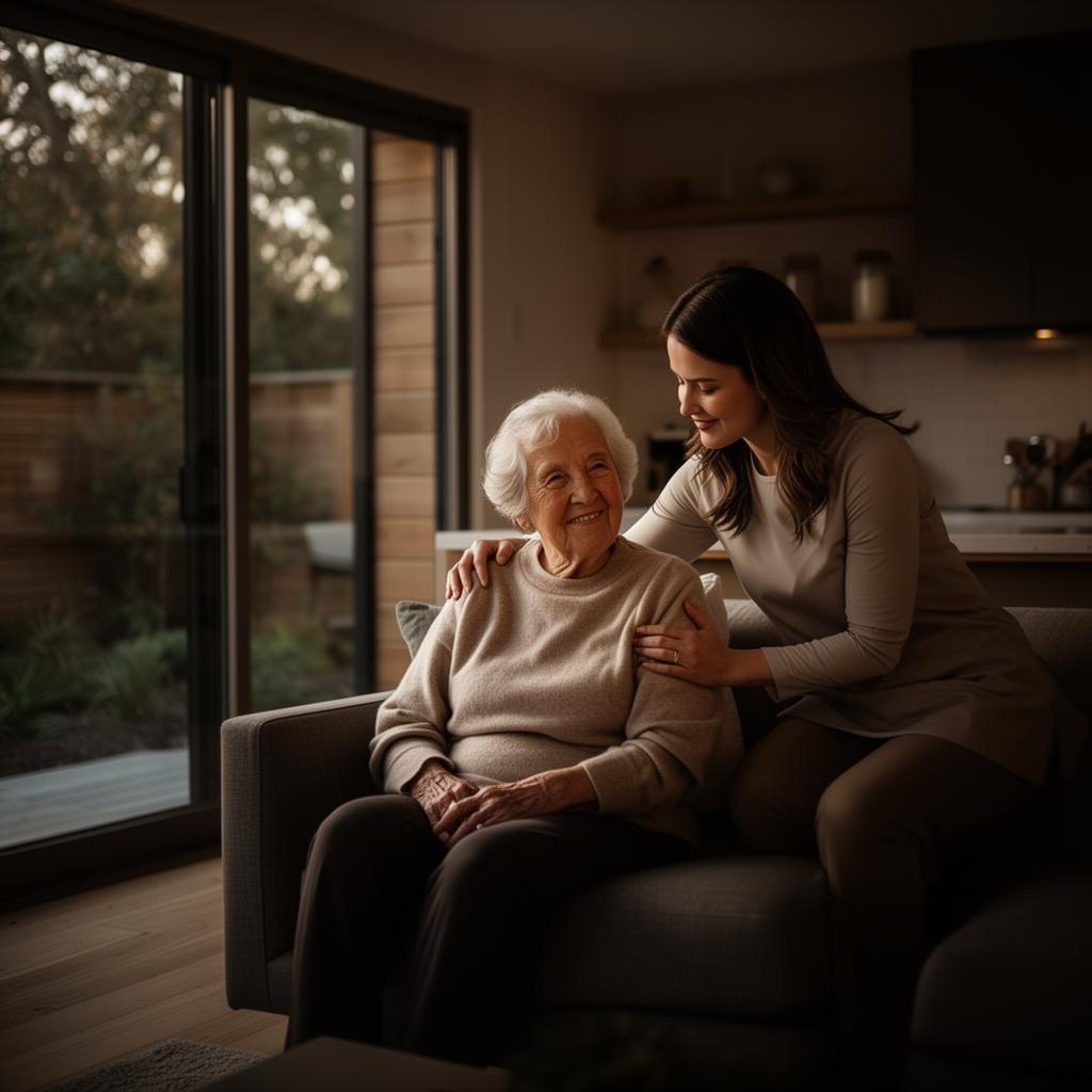 Adult daughter caring for an elderly parent in a cozy ADU