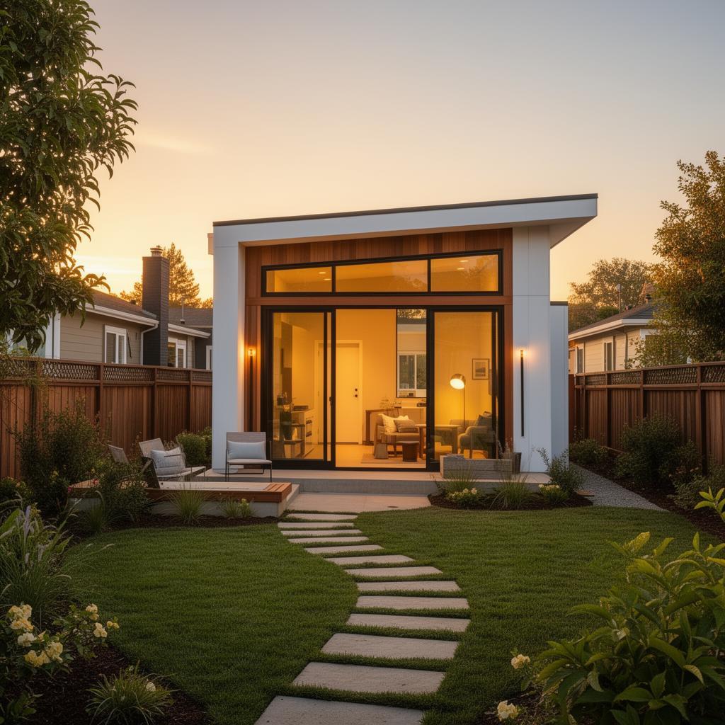 Beautiful backyard ADU studio for adult kids at golden hour